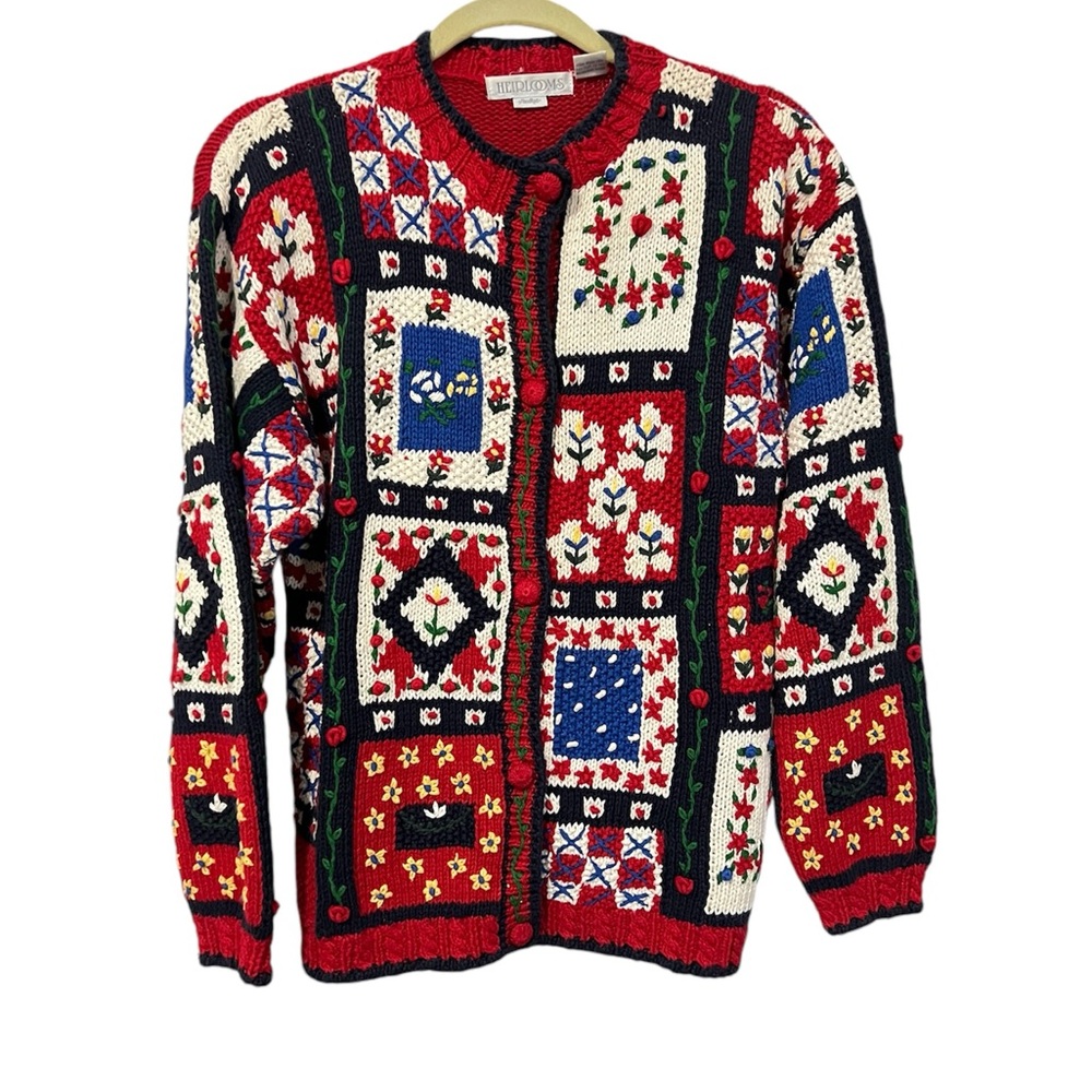 Heirlooms Handknit Red Patchwork Sweater Button Up (Size L)